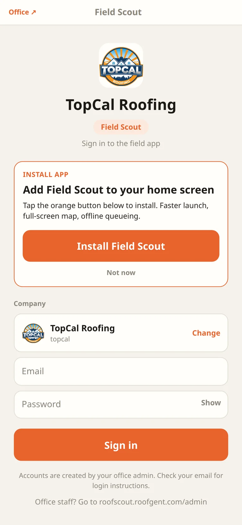 Field Scout mobile app login for TopCal Roofing