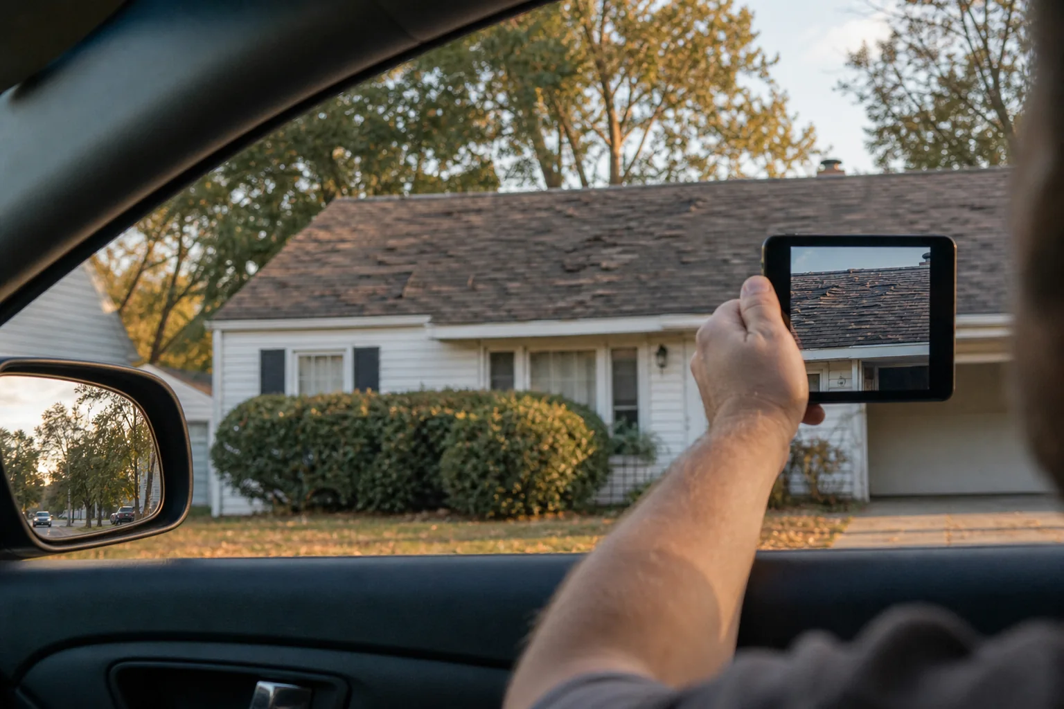 Field scout photographing a worn roof from a car window