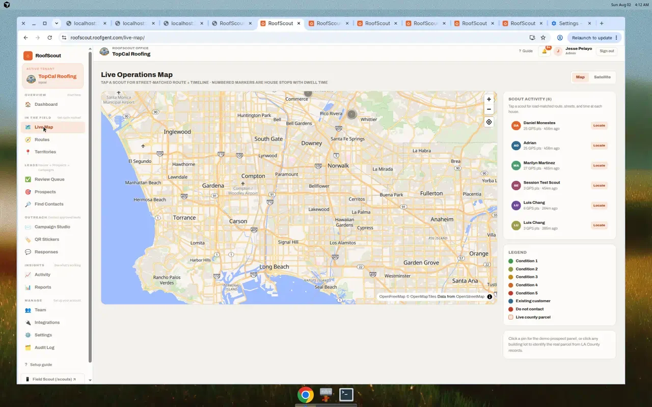 Live operations map with scout pins and roof condition markers