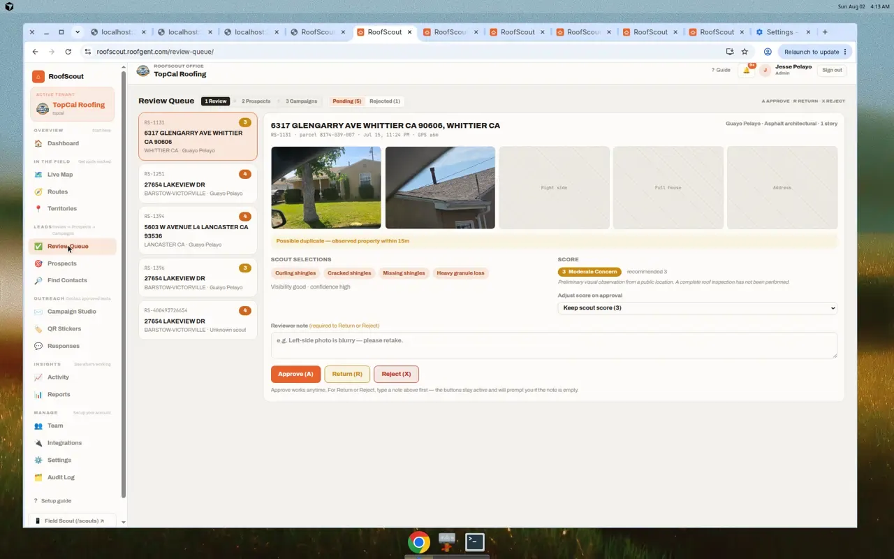 Review queue with roof photos, scores, and approve actions