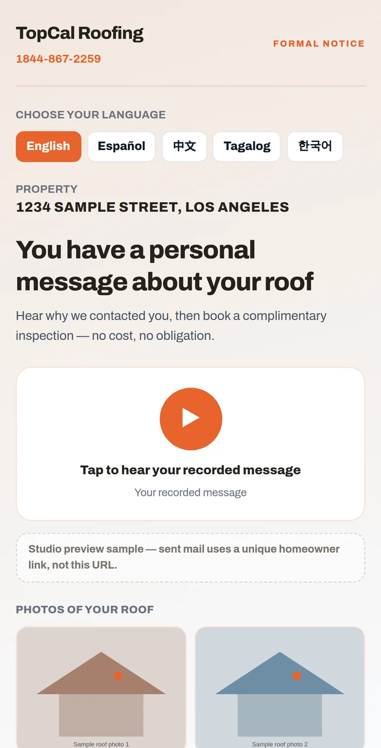 Homeowner landing page with personalized voice message and roof photos